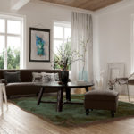 Cozy homely living room interior with a sofa, stools and chairs arranged in the corner surrounded by bright windows looking onto garden greenery, 3d render