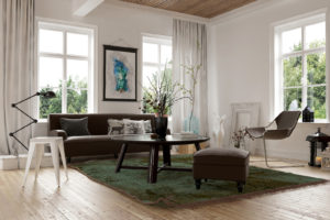 Cozy homely living room interior with a sofa, stools and chairs arranged in the corner surrounded by bright windows looking onto garden greenery, 3d render